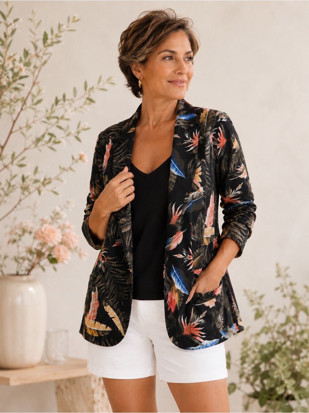 Pentagone Tropical Print Open Front Blazer, Black Multicolor Women’s Medium